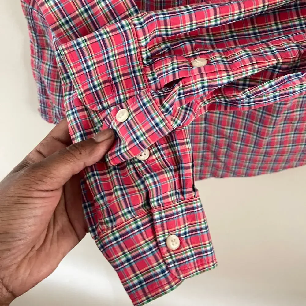 Ralph Lauren Boys Large 14/16 Red Tattersall Plaid Button Down Shirt Sleeve
